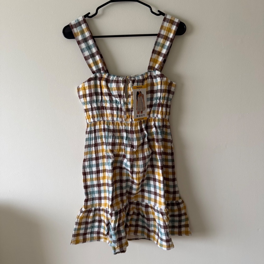 Roxy Medium Plaid Mini Dress Sundress Multi Color Smocked Waist Ruffle Hem NWT